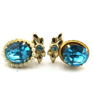 Vintage Blue Screw Back Costume Earrings Gold tone Missing Faux Pearl on 1 side